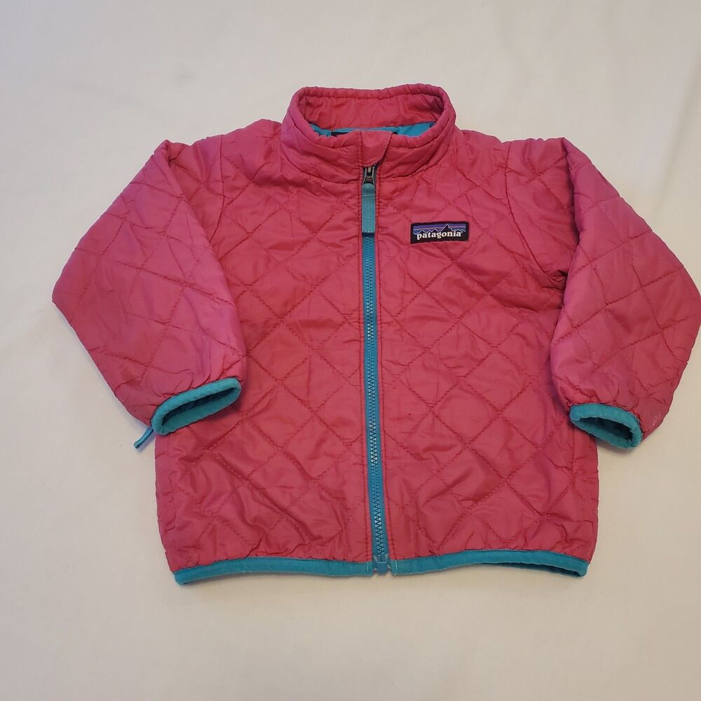 Patagonia Toddler Quilted Puffer Jacket Size 12-18 Months Pink Blue Trim